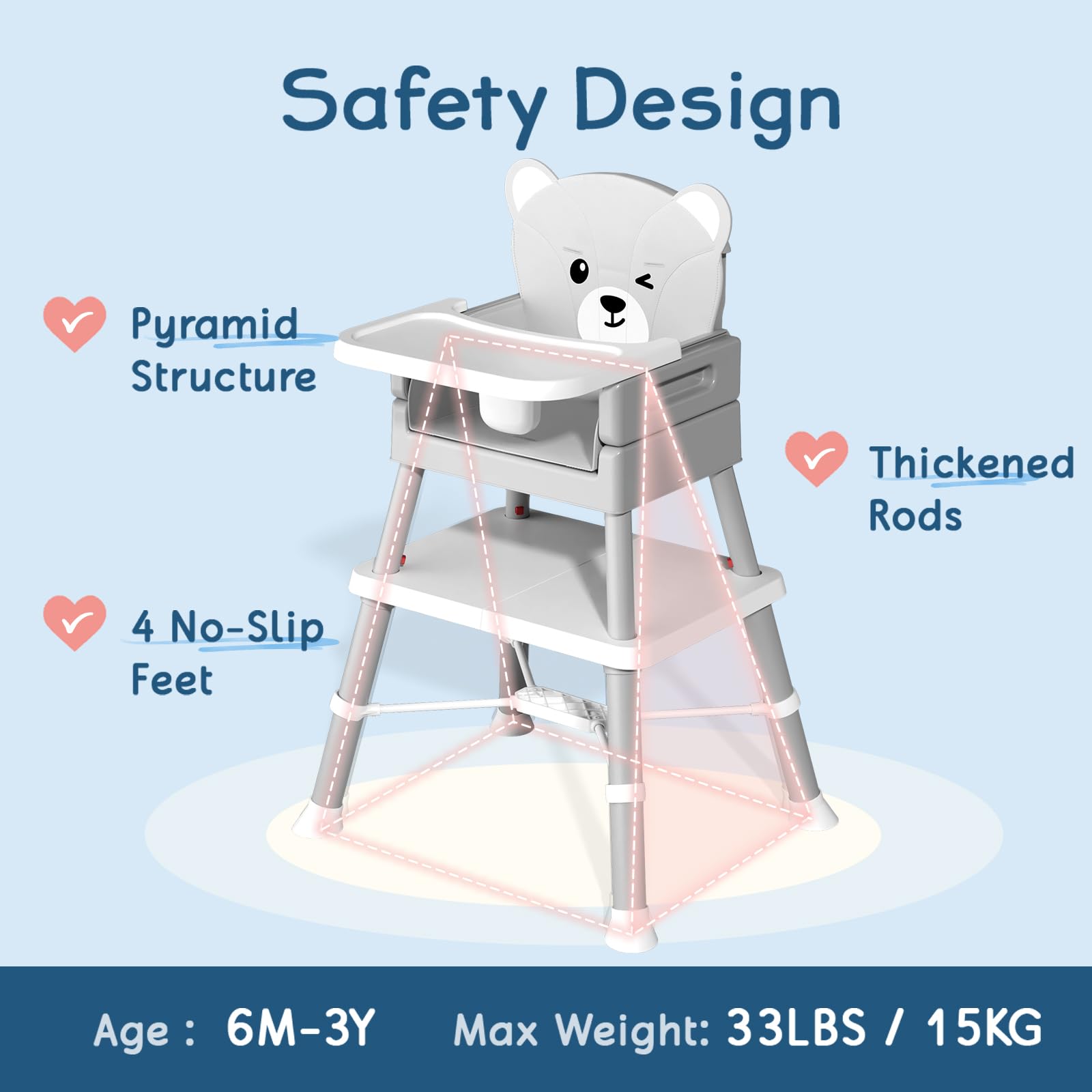 COOSEYA Chaise Haute Bébé, Chaise Haute 6 en 1 avec Coussin en Forme d'Ourson et Facile à Nettoyer, Plateau Amovible et Harnais 5 Points pour Bébé de 6 Mois à 3 Ans, Gris