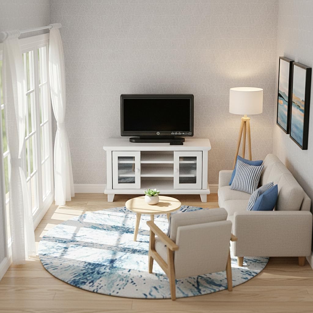 Dollhouse TV Stand with Television and Remote, 1/12 Scale Mini Miniature Furniture Accessories, White Wooden Cabinet Model for Living Room & Home Decoration, Tiny Decor Gift Set for Hobby Handcraft
