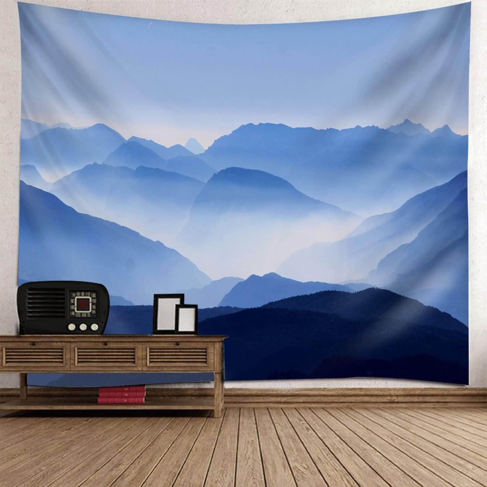 Tapisserie Bleue Vintage pour Habiller un Mur Vide de Salon Paysage Montagne 150x150