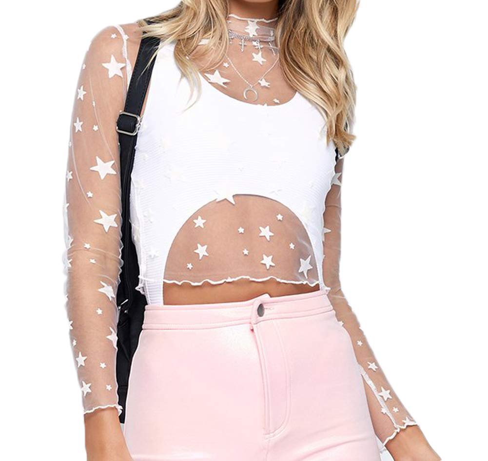 Womens Casual Sheer Mesh See Through Crop Top Star Print Long Sleeve Tee Shirt Turtleneck Blouse
