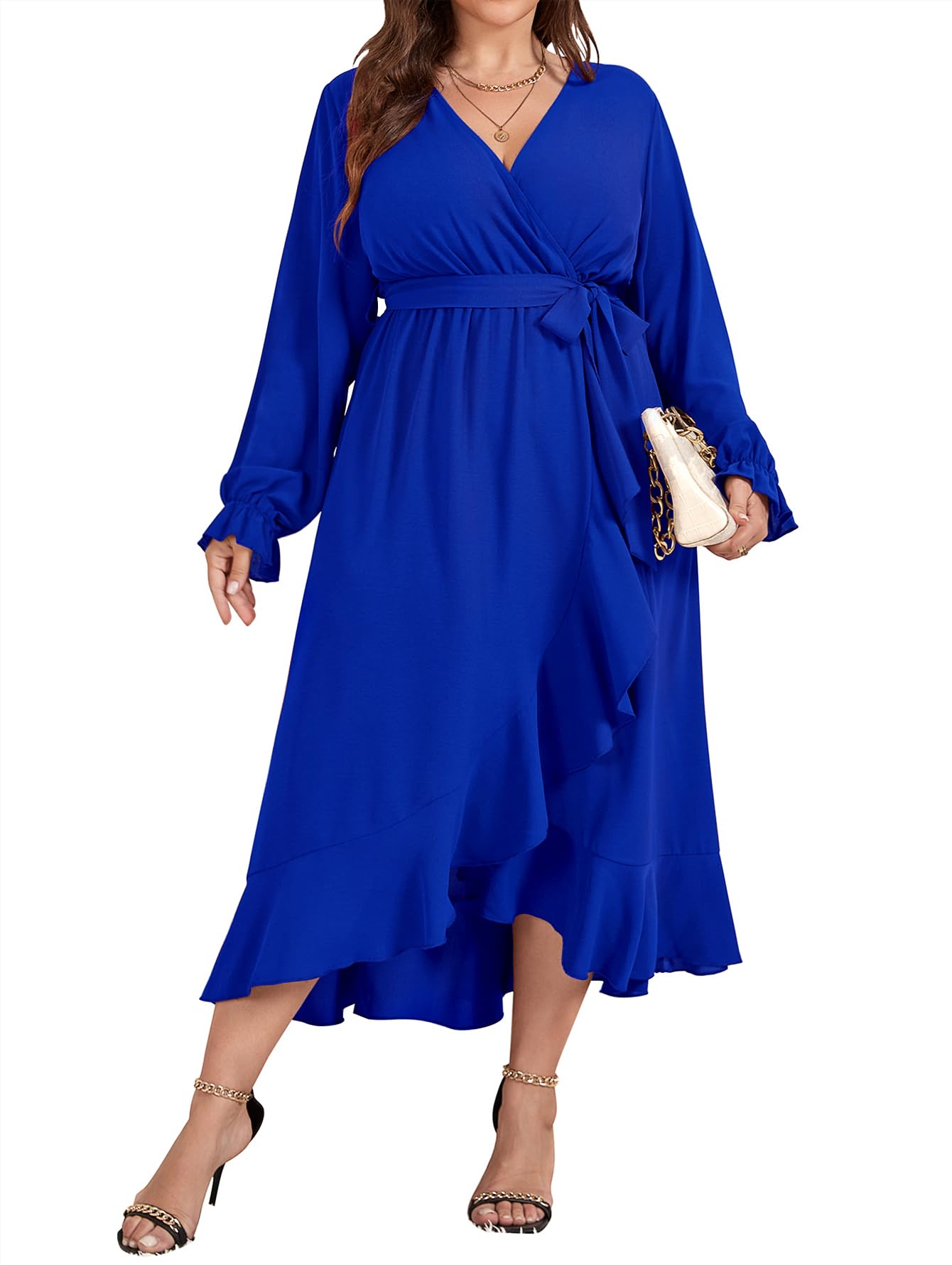 SCOMCHIC Women Plus Size Formal Dresses Fall Long Sleeve Faux Wrap V Neck High Low Ruffle Cocktail Wedding Guest Maxi Dress