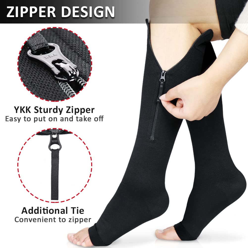 Ailaka Medical Zipper Kompressions-Wadensocken 20-30 mmHg für Frauen und Männer, kniehohe, offene Zehen, feste Unterstützung abgestufte Krampfadern Strumpfwaren für Ödeme, Schwellungen