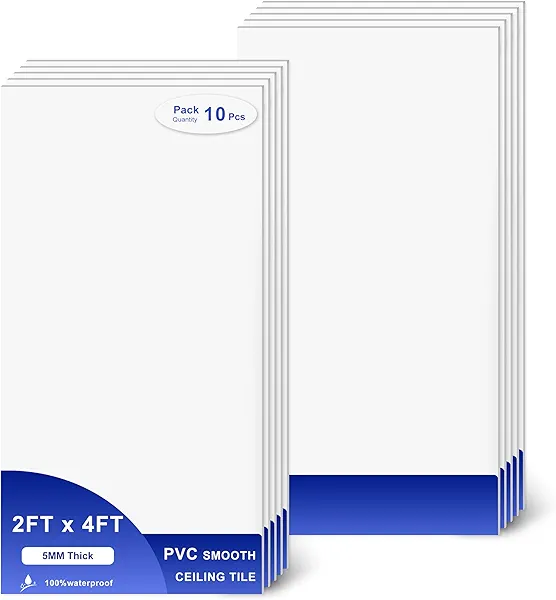 IMXPW Smooth Drop Ceiling Tiles 2ft x 4ft - Waterproof, Fire-Rated, Easy Drop-in Installation - Premium PVC to Prevent Breakage - Ceiling Tiles 24" x 48", 10-Pack Cover 80 Sq. Ft, White