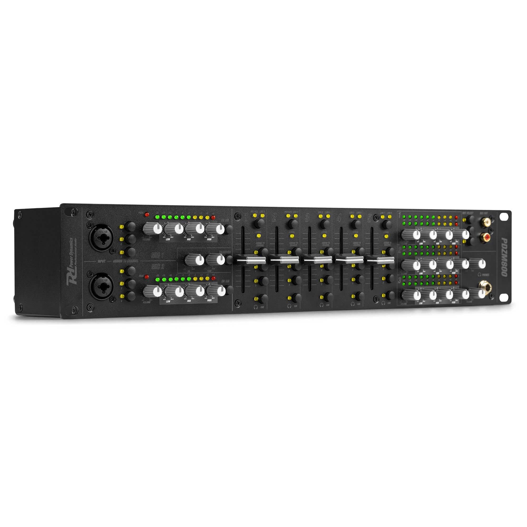Power Dynamics PDZM800 Audio Mischpult 3-Zonen Mixer für Lautsprecher Installationen - DSP, 5 Input + 2 MIC Input Kanäle, Talkover, CUE, 19" Rack 2U, XLR, Klinke, +48V Phantom