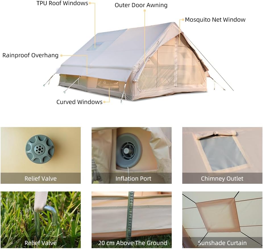 Inflatable Camping Tents with Hand Pump,6-8 Person,Air Glamping Waterproof and Windproof Blow up Tent,4 Seasons Oxford Cabin Tent with Mesh & Chimney Window.