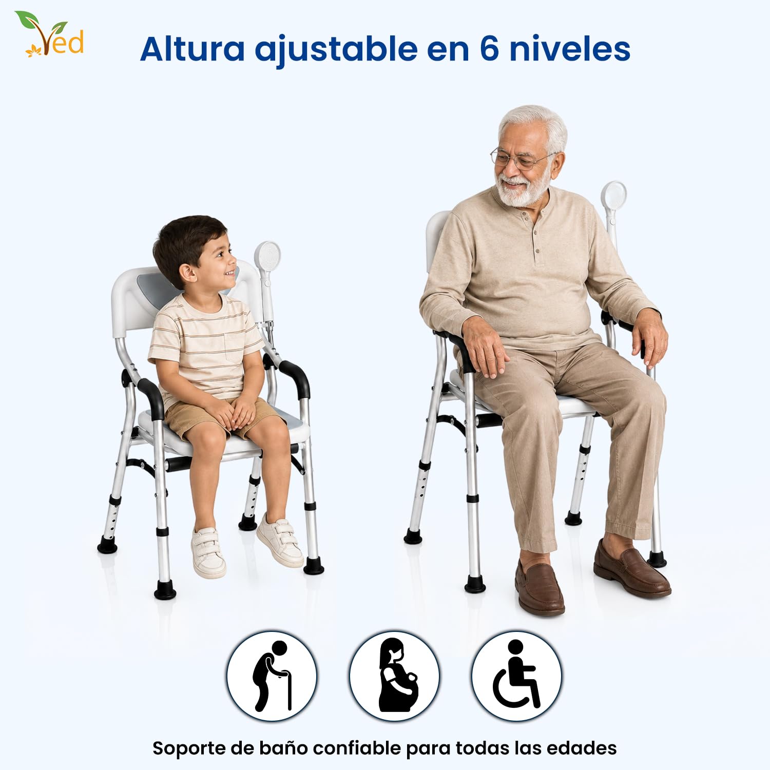 Silla de Ducha con Taburete VED, Asiento de bañera, Silla de Ducha Plegable, Asiento de baño portátil con Patas de Aluminio duraderas, Ajustable con Respaldo para baño.