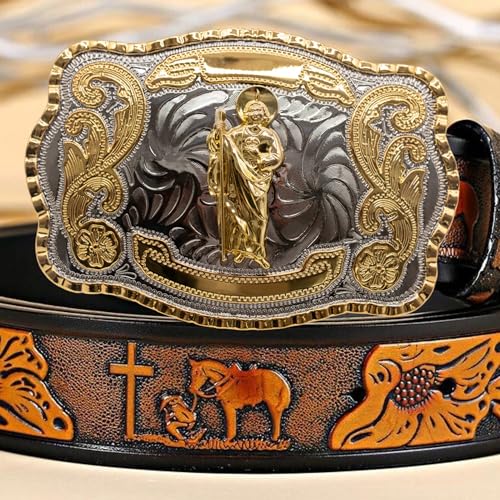 Image of WMG Western St Jude Belt Buckle Gold Silver Saint Jude San Judas Cowboy Buckle Hebilla Vaquero Rodeo