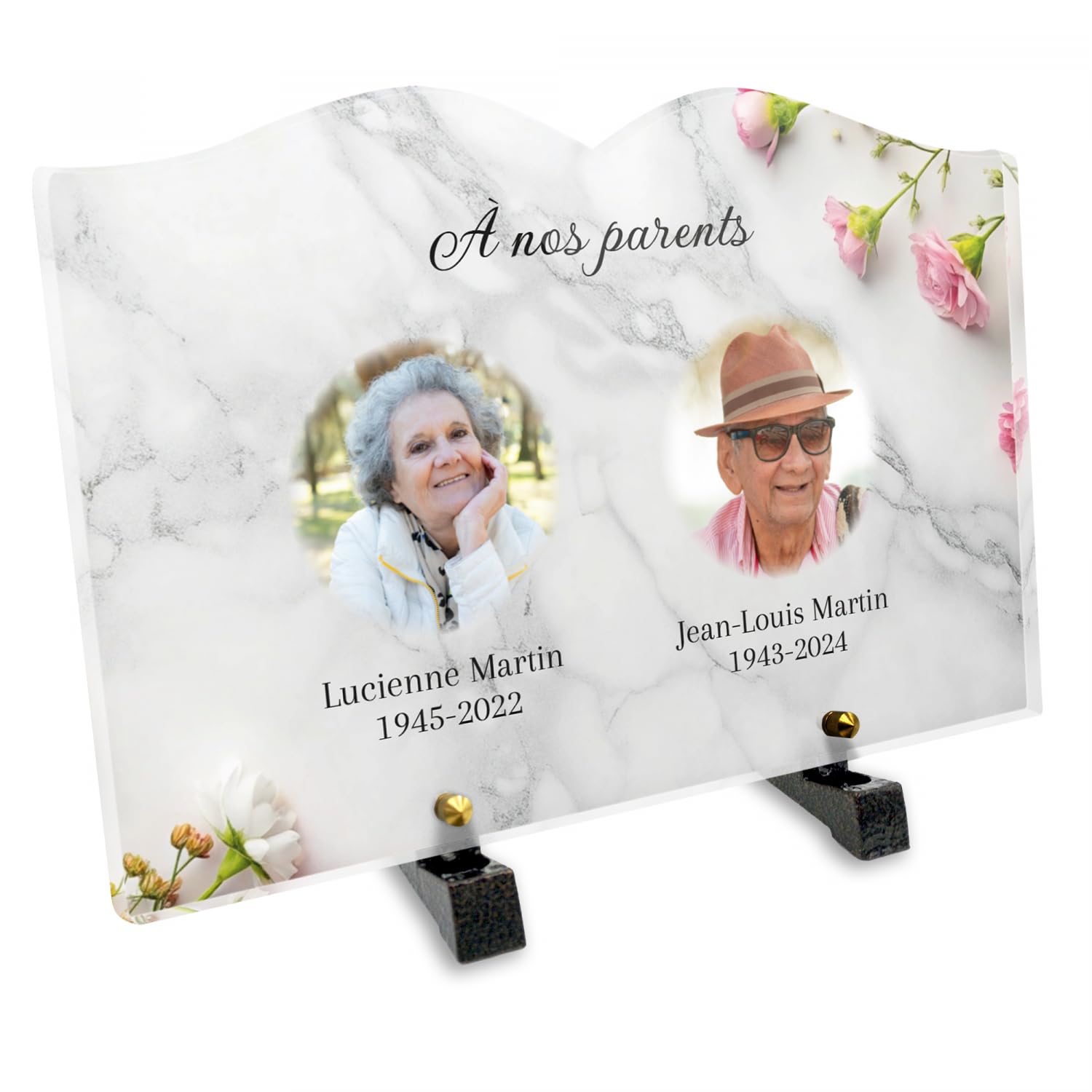 Placa funeraria libro personalizable de plexiglás con doble foto, homenaje para parejas, diseño de flores, tamaño 30 x 20 cm