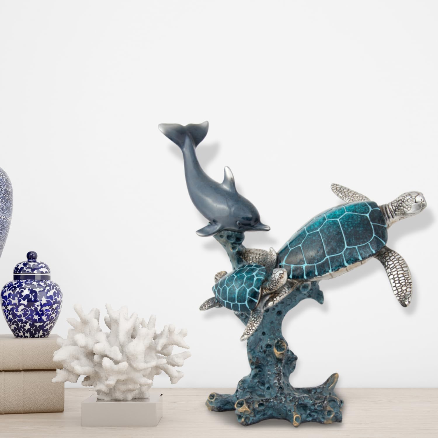 Dolphin and Sea Turtle Swimming on Coral Reef Ocean Figurine Coastal Tabletop Decor - Sea Life Sculpture Beach House Nautical Room Accent image 5