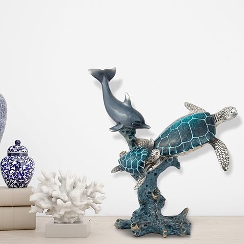 Miniatura 5 de Estatua de tortugas de delfín nadando sobre una base de arrecife de coral, decoración de 2 tortugas para mesa del hogar