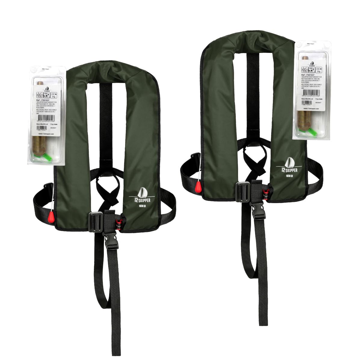 Set di 2 12skipper giubbotti di salvataggio automatici 165N ISO con imbragatura, verde oliva incl. 2 kit di manutenzione
