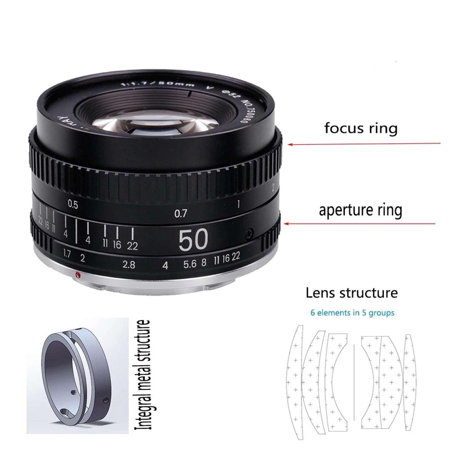 Compatibile con obiettivi a focale fissa full frame Canon, EOS EF, F1.7 V | Obiettivo manuale full frame F1.7 Gen V da 50 mm, ampia apertura, compatibile con innesto EF F(Package2,EF)