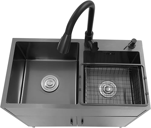 Miniatura 3 de Fregadero de lavandería de 30 pulgadas con gabinete y grifo rociador extraíble, gabinete de fregadero de cocina de acero inoxidable con cesta de