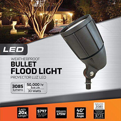 Newhouse Lighting BLF30BRZ 30-Watt Die-Cast Aluminum LED Bullet Flood Outdoor, Weatherproof Landscape Lighting 3085 Lumens, 3000K Warm White, 1/2