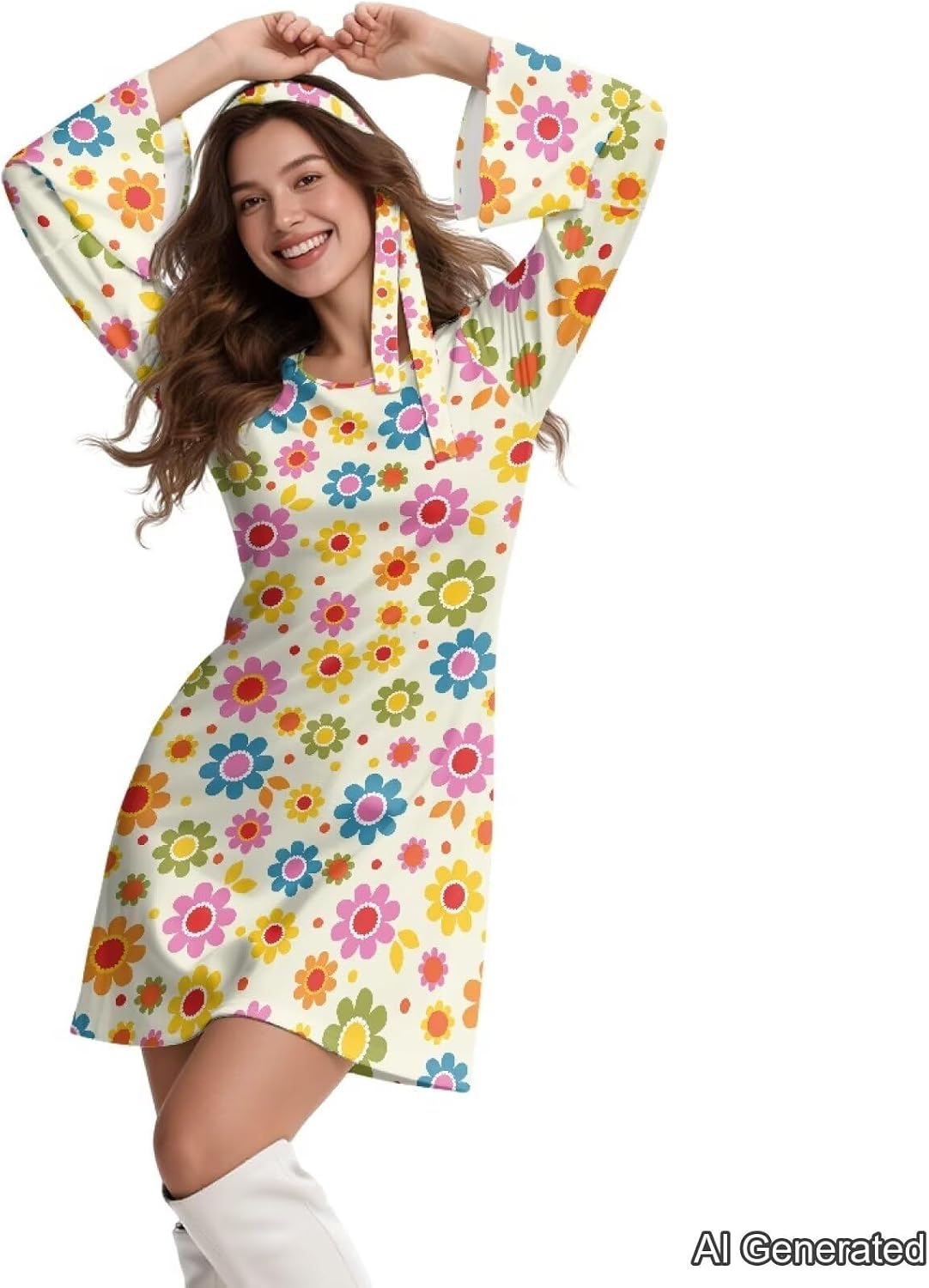 60s 70s Disco Dress for Women with Headscarf, Retro Hippie Floral Colorful Dress Night Party Outfits image 2