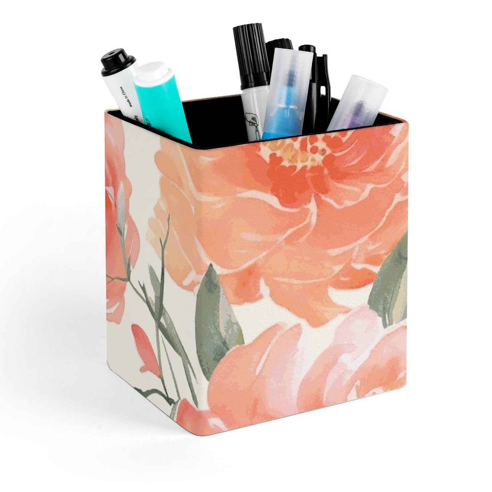 Porte-stylo carré en cuir pivoine contre le désordre du plan de travail