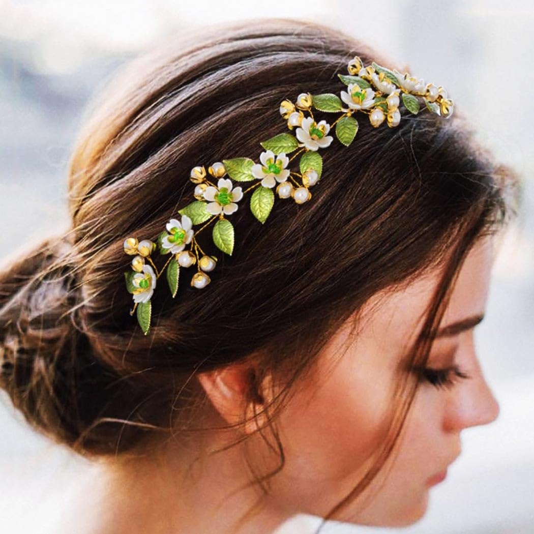 IYOU Braut Hochzeit Haarranben Grün Blume Stirnband Blatt Perlen Kopfschmuck Braut Brautjungfern Haarschmuck für Damen Kosmetik
