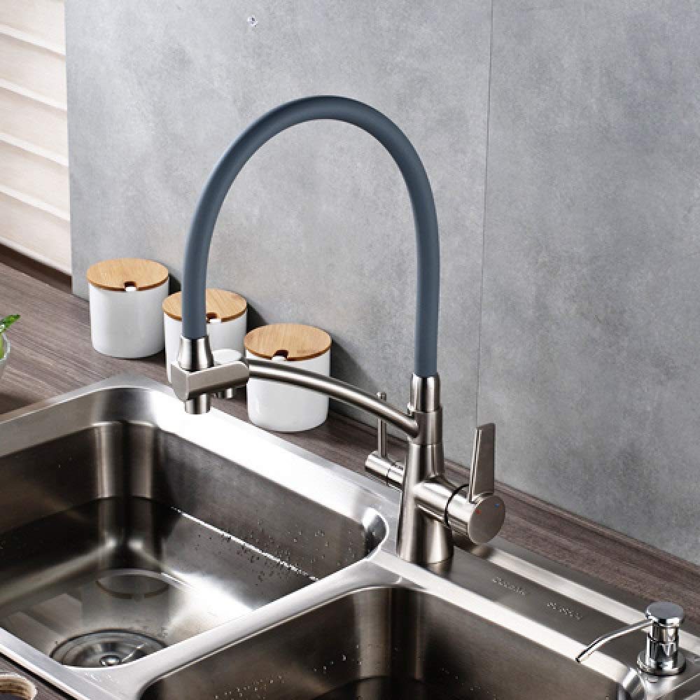 Robinet de cuisine purification avec double bec rotatif flexible et eau pure en nickel brossé