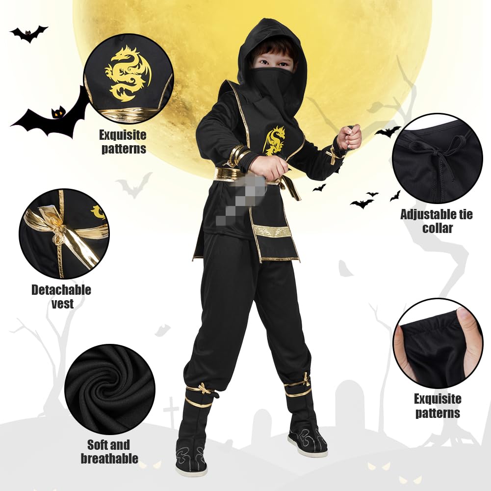 AOOWU Kostium Ninjago, kostium ninja dla dzieci z ninja, złoty smok, kostium Ninjago, dla dzieci, chłopców, na imprezy tematyczne, Halloween, kostium przebieranki, do odgrywania ról ninja (L)