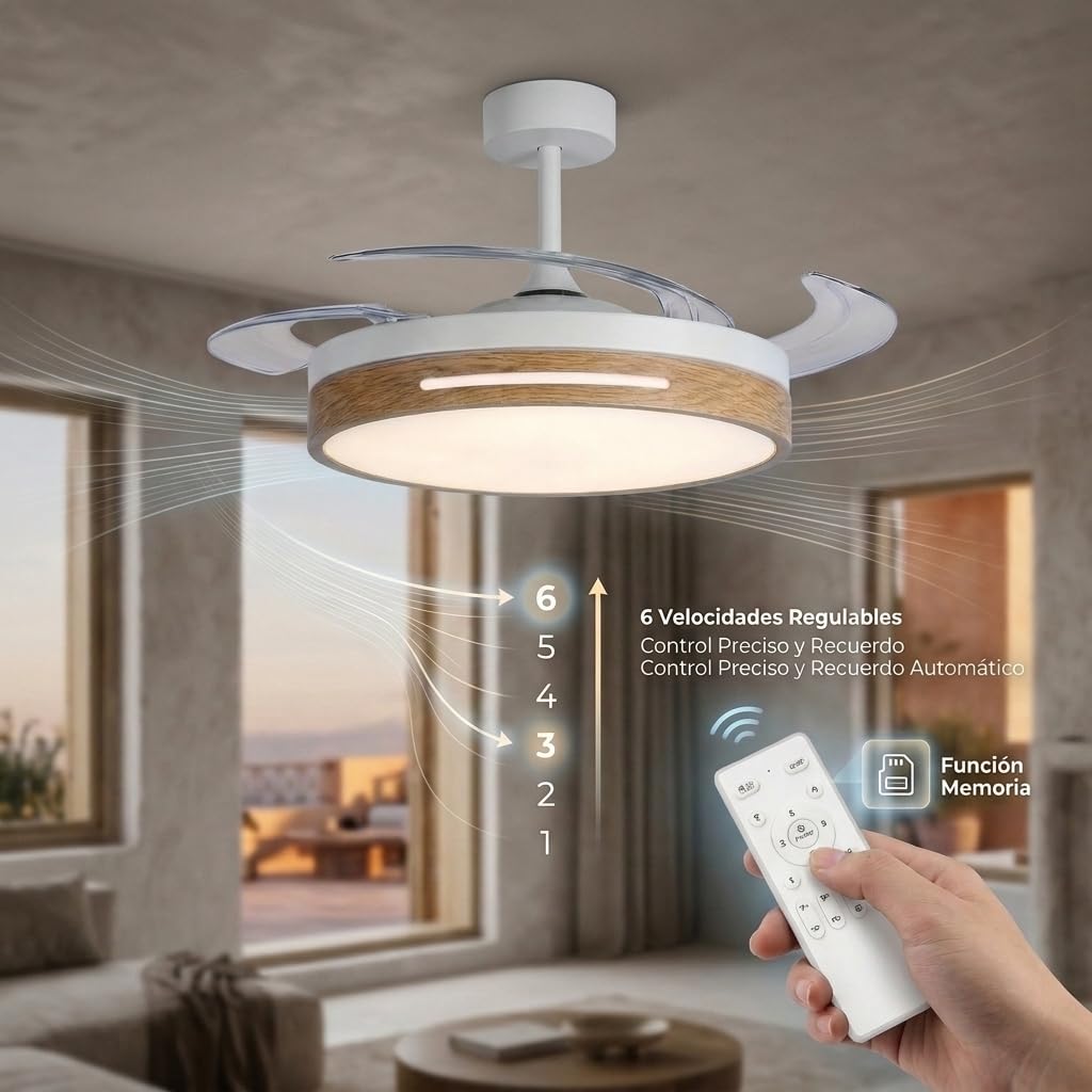 Ventilador de Techo con Luz LED Regulable 60W, Motor DC Silencioso, 3 Temperaturas de Color, 6 Velocidades, Mando a Distancia, Función Verano/Invierno, Modo Noche, 106 cm (Madera Natural)