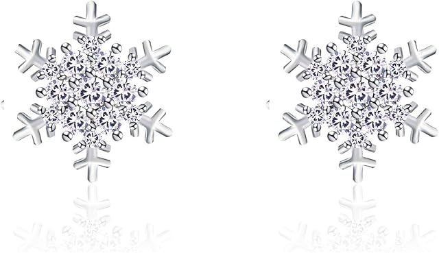 QUKE Women 925 Sterling Silver CZ Crystal Snowflake Shape Pierced Stud Earrings For Women Girls