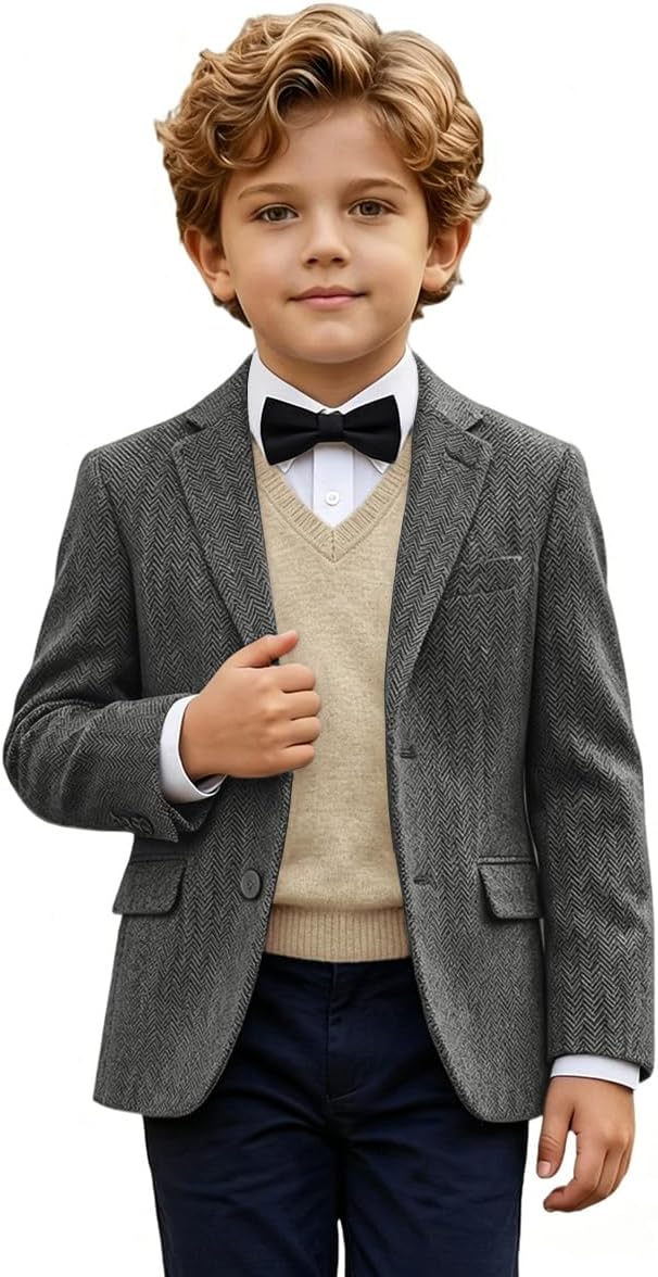 Boys Suit Blazer Set Casual Tweed Sport Coat Suits with Bowtie Boy‘s Retro Herringbone Blazer Jacket Suits for Kids