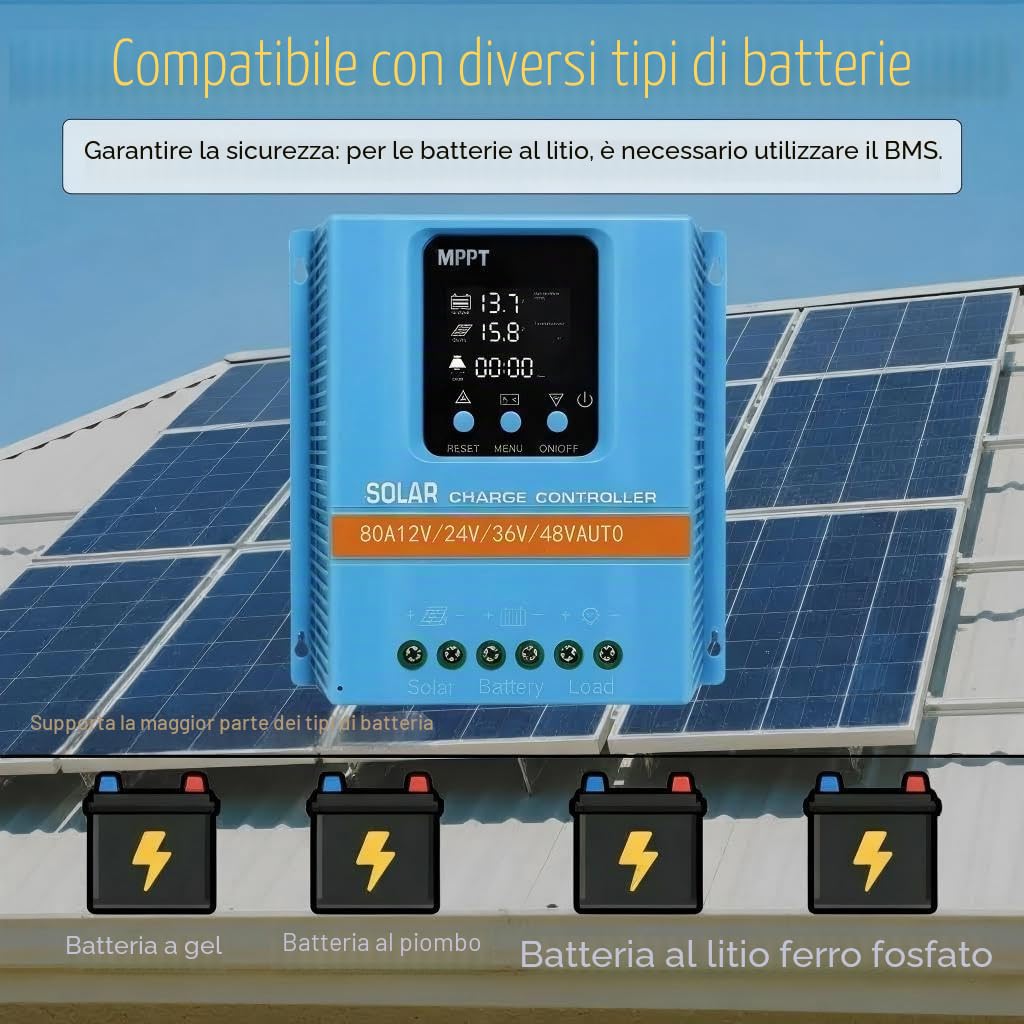 Regolatore di Carica Solare Intelligente 80A MPPT, Rilevamento Automatico 12V/24V/36V/48V, Ingresso PV Max 100V, Display LCD, Doppio USB, per Batterie Piombo/Litio (LiFePO4)