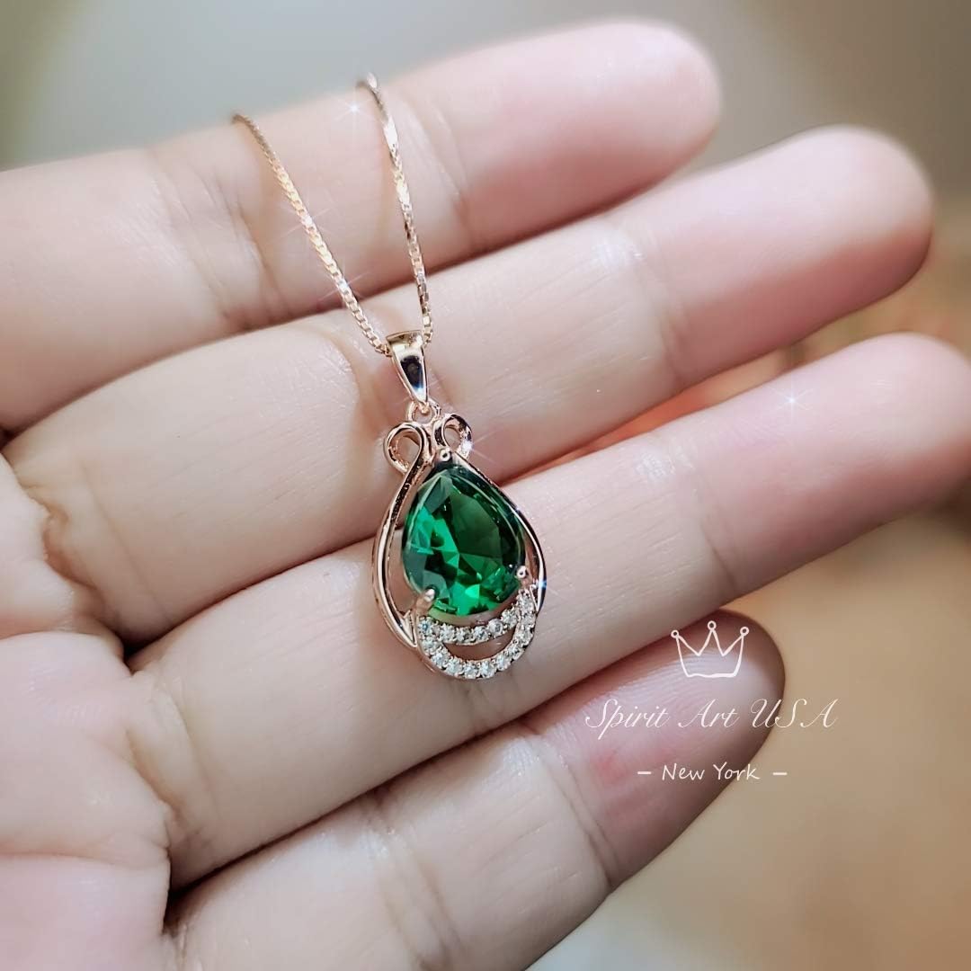 Teardrop Emerald Necklace - Rose Gold coated 925 Sterling Silver Pear Emerald Pendant - Delicate May Birthstone Green Emerald Gemstone 18"+2"