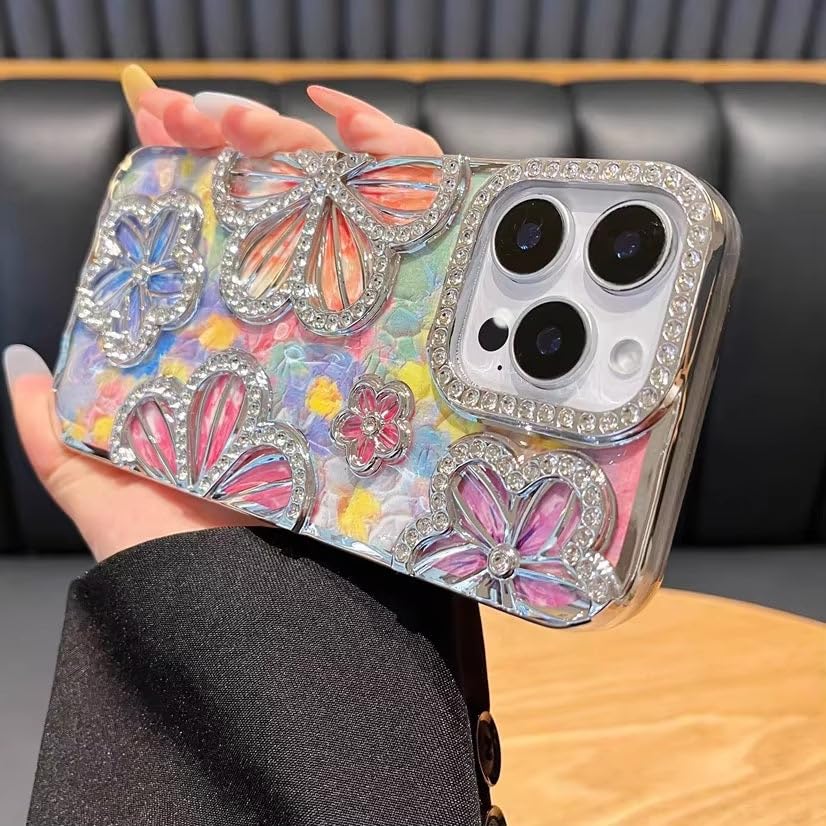 Image of COVERLY Luxury 3D Rhinestone Floral Diamond Bling Phone Case for iPhone 12 Pro - Sparkling Oil Painting Flower Glitter Cover, Electroplated TPU, Cute Camera Protection Cover for Women & Girls (Silver)