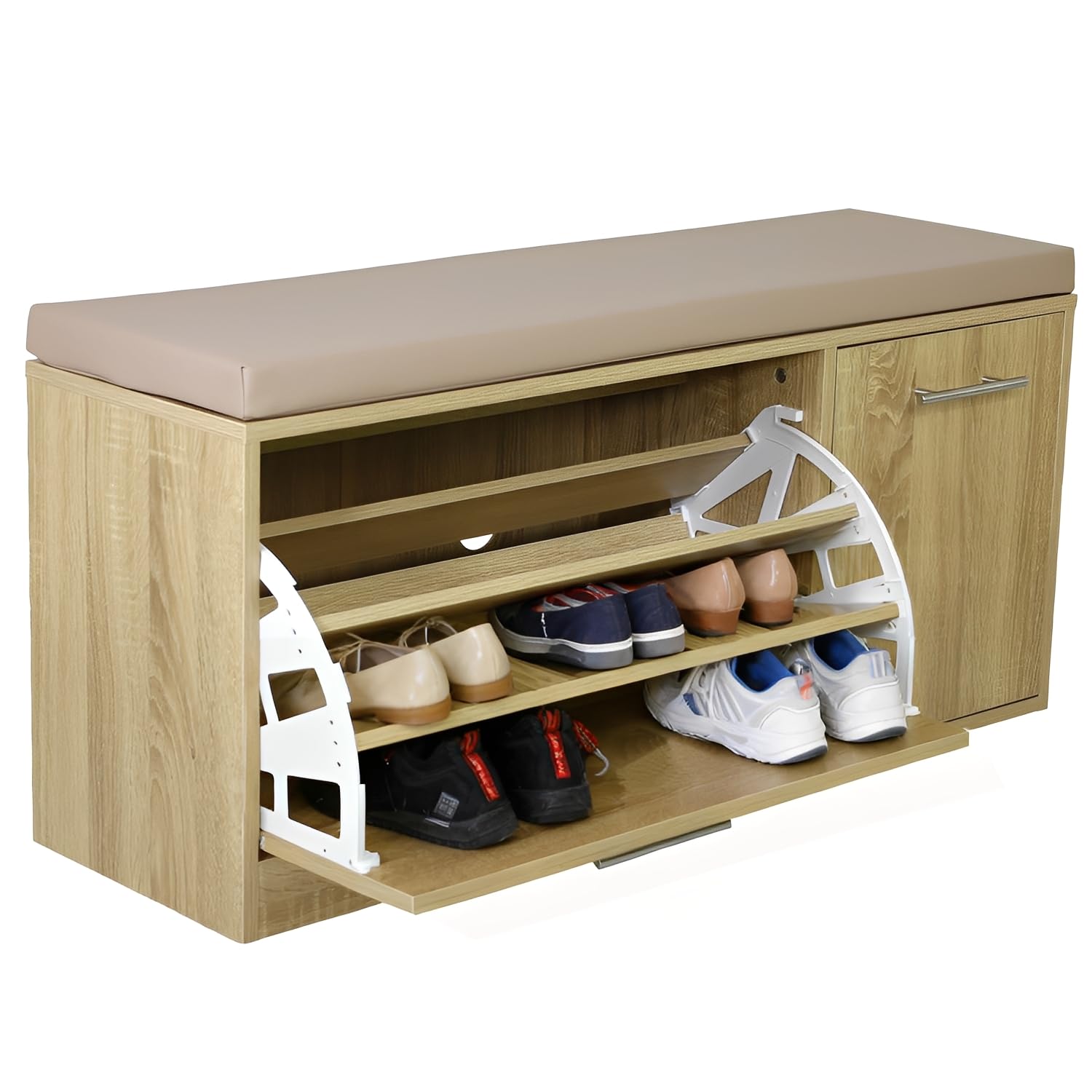 Marvin Scarpiera Panca da Ingresso con Anta – Portascarpe Salvaspazio in Legno con Cuscino Seduta e Anta a Ribalta per Cabina Armadio Corridoio o Camera Design 100x30x46 cm (Rovere/Cuscino Tortora)