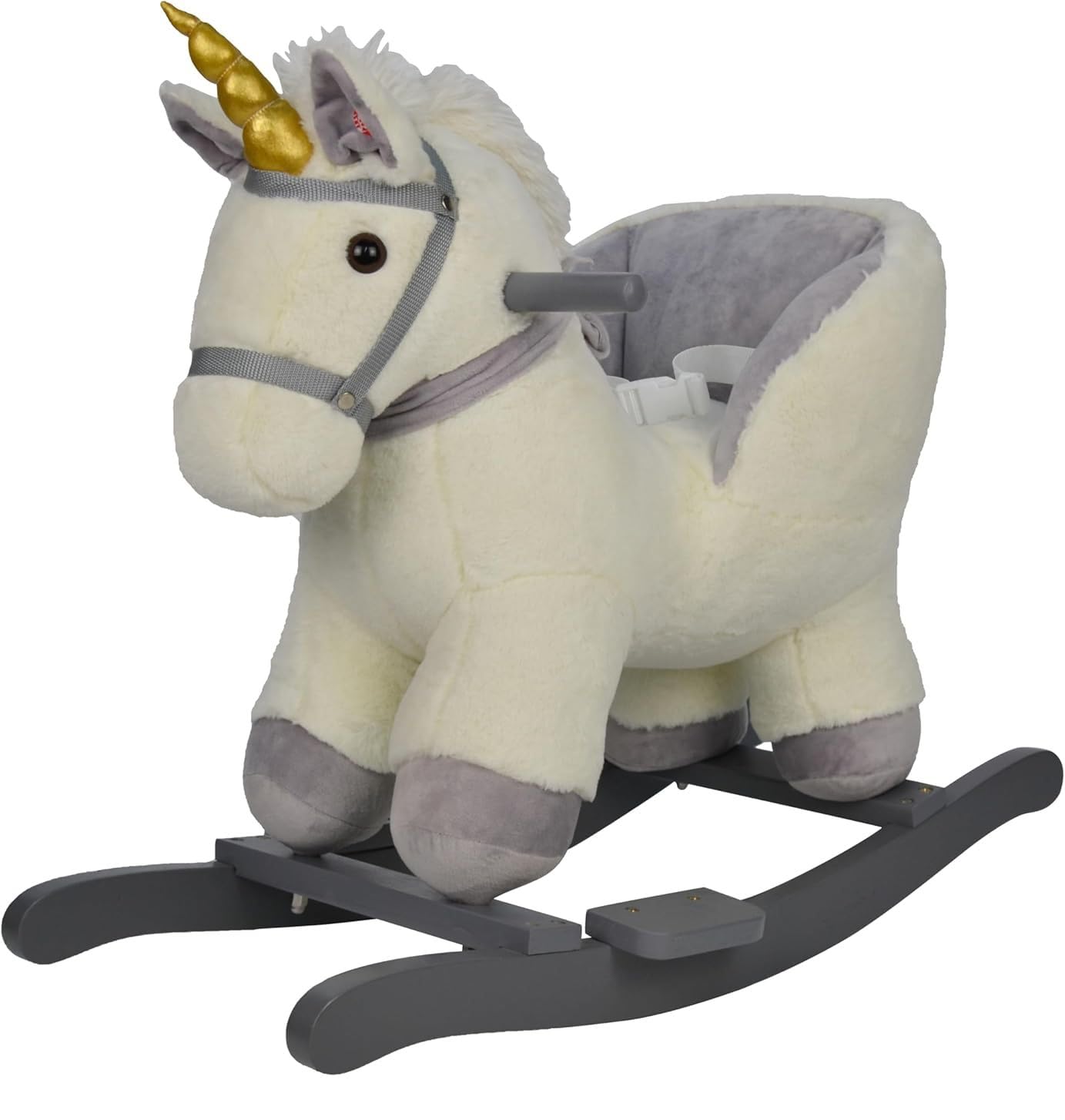 Cavallo a Dondolo Unicorno per Bambini da 18 a 36 Mesi Cavalcabile in Legno e Peluche con Suoni e Cintura di Sicurezza
