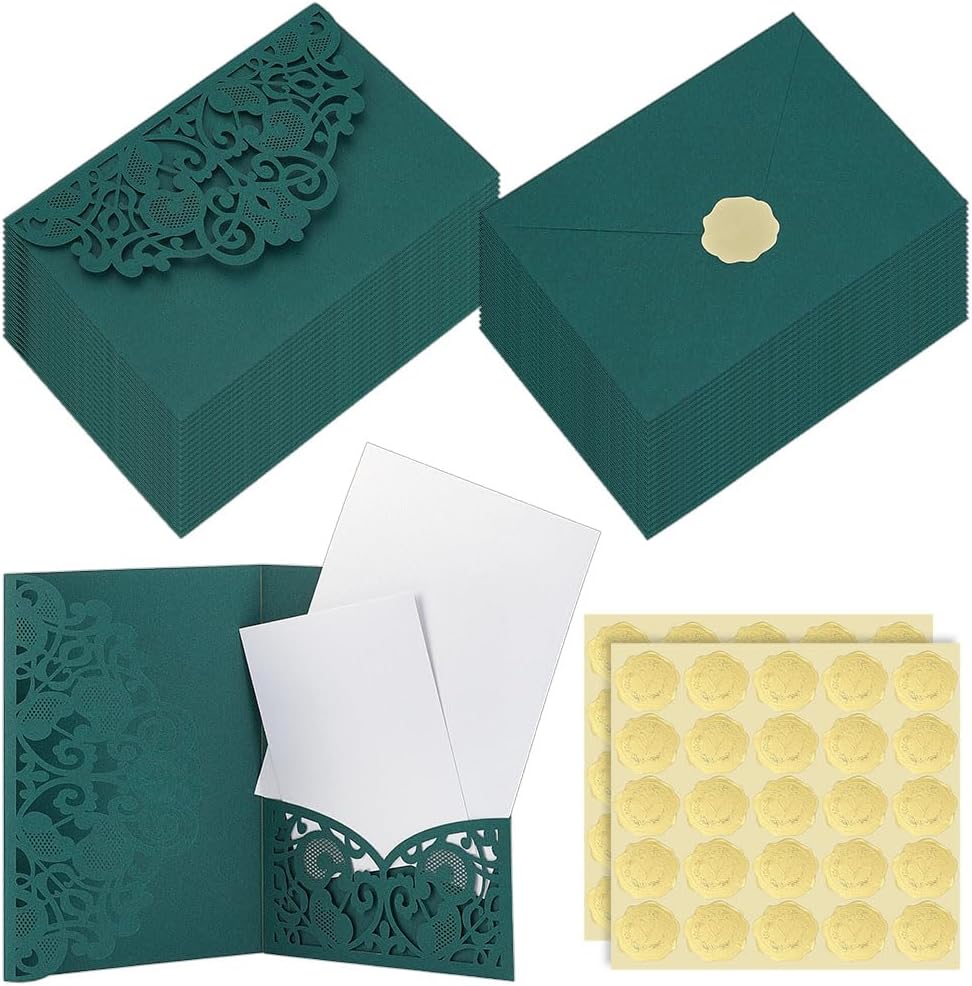 OLYCRAFT 20 Sets Dark Green Laser Cut Wedding Invitations with Envelopes and Stickers Tri-fold Wedding Invitation Kit for 5x7 Inch Wedding Cards for Wedding Anniversary (2 Sizes Inserts Included)