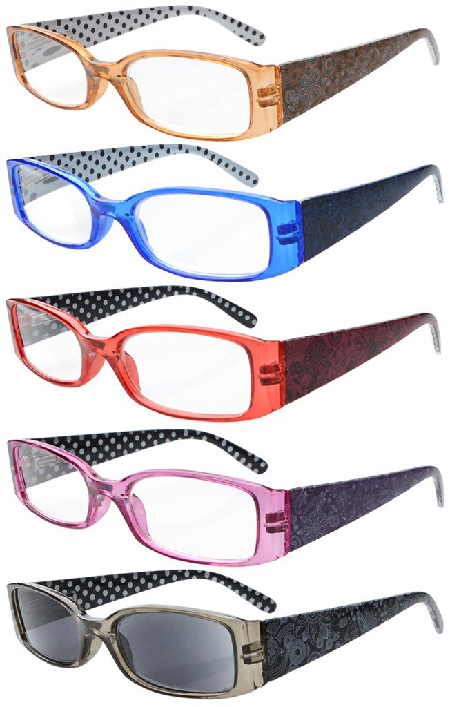 Eyekepper 5 Pairs Polka Dots Pattern Design Reading Glasses for Women Reading Inlcude Reader Sunglasses +2.50 Reading Eyeglasses
