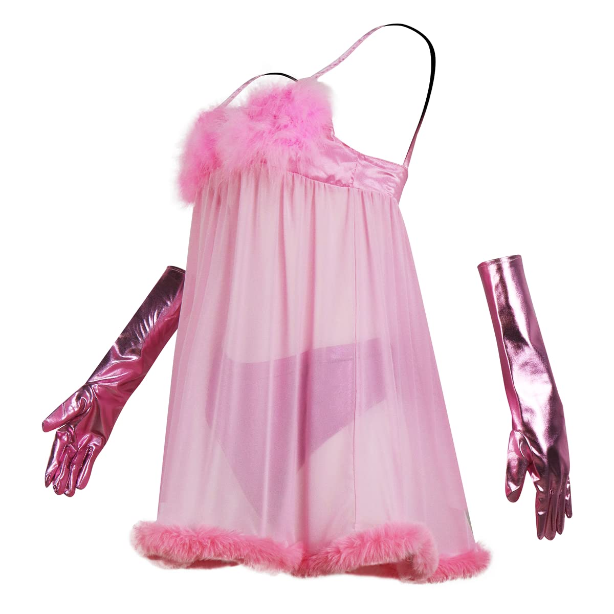 Fembot - Vestito sexy da donna con piume, vestito da robot, lingerie rosa, camicia da notte con guanti copricapo