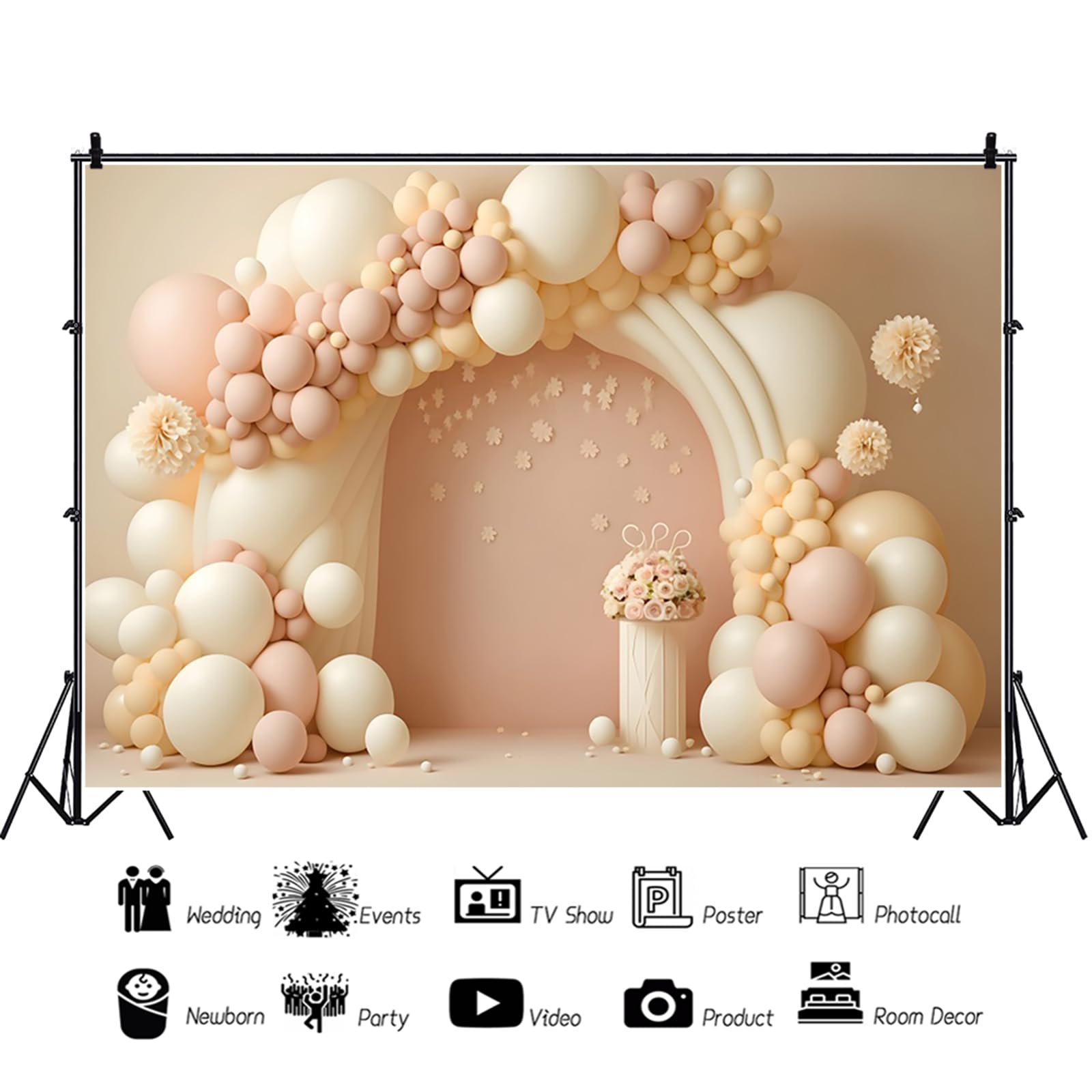 Boho Sfondo Compleanno 3.6x2.5m, Palloncino Rosa Beige Arcobaleno Ragazza Tema Compleanno Sfondo Fotografico Bambini 1 Anno Compleanno Baby Shower Festa Decorazione Banner Studio Puntelli