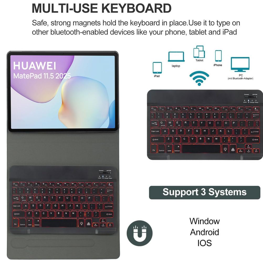 Funda con Teclado para Huawei MatePad 11,5 Pulgadas 2025 Tableta, Teclado Bluetooth Inalámbrico Español Ñ Desmontable con Retroiluminación De 7 Colores, Funda Ultrafina con Ratón