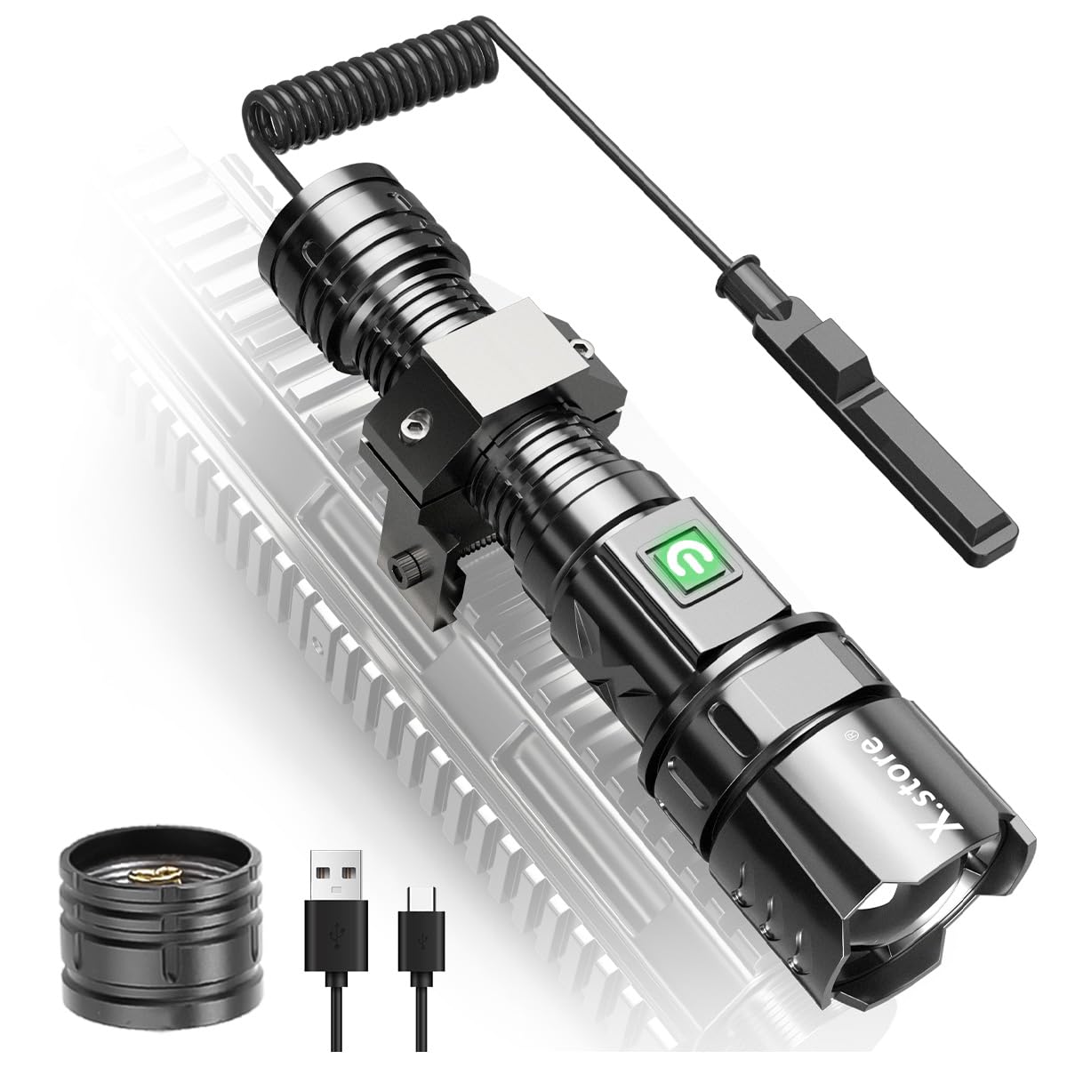 X.Store Led Tactical Flashlight, XHP70 Picatinny Rail Mount Flashlight Rifle Light Electric Flashlights, 5 Modes Waterproof with Zoom Function