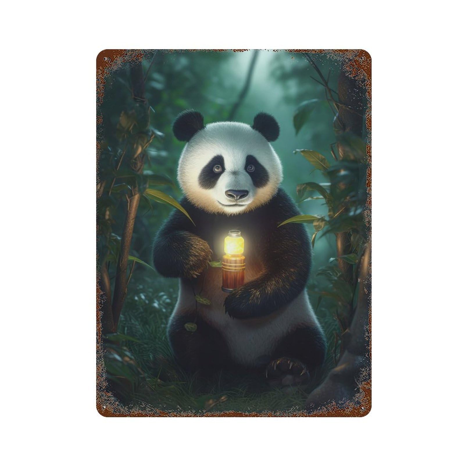 Fantasy Panda Glowing Lamp Rust Effect Tin Sign 15.7"x11.8", Industrial Home Decor for Garage, Bar And Workshop Decor