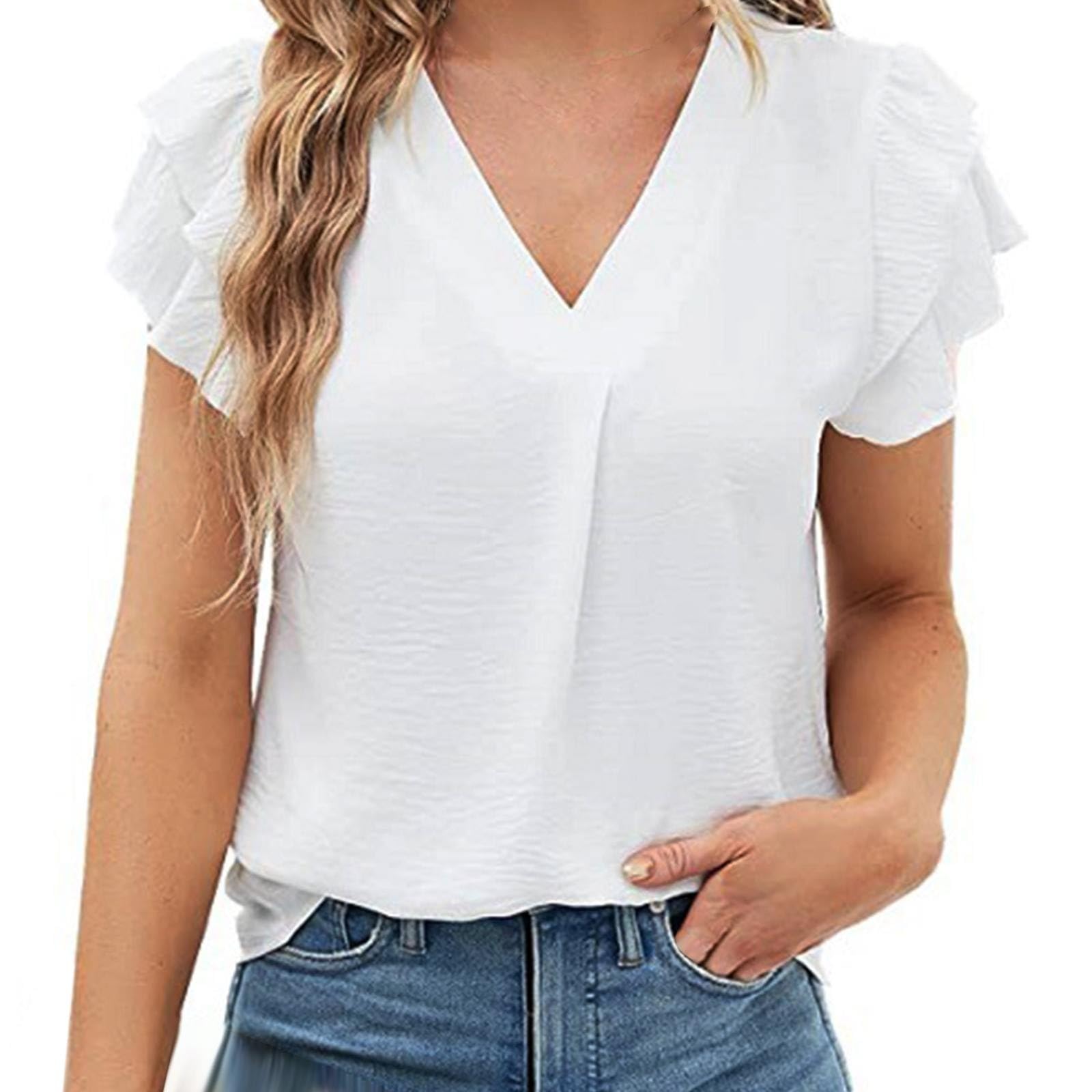 YBWZH Blusa de gasa con volantes y cuello en V para mujer, plisada, informal, fresca y transpirable, para la vida cotidiana en verano y otoño, talla grande