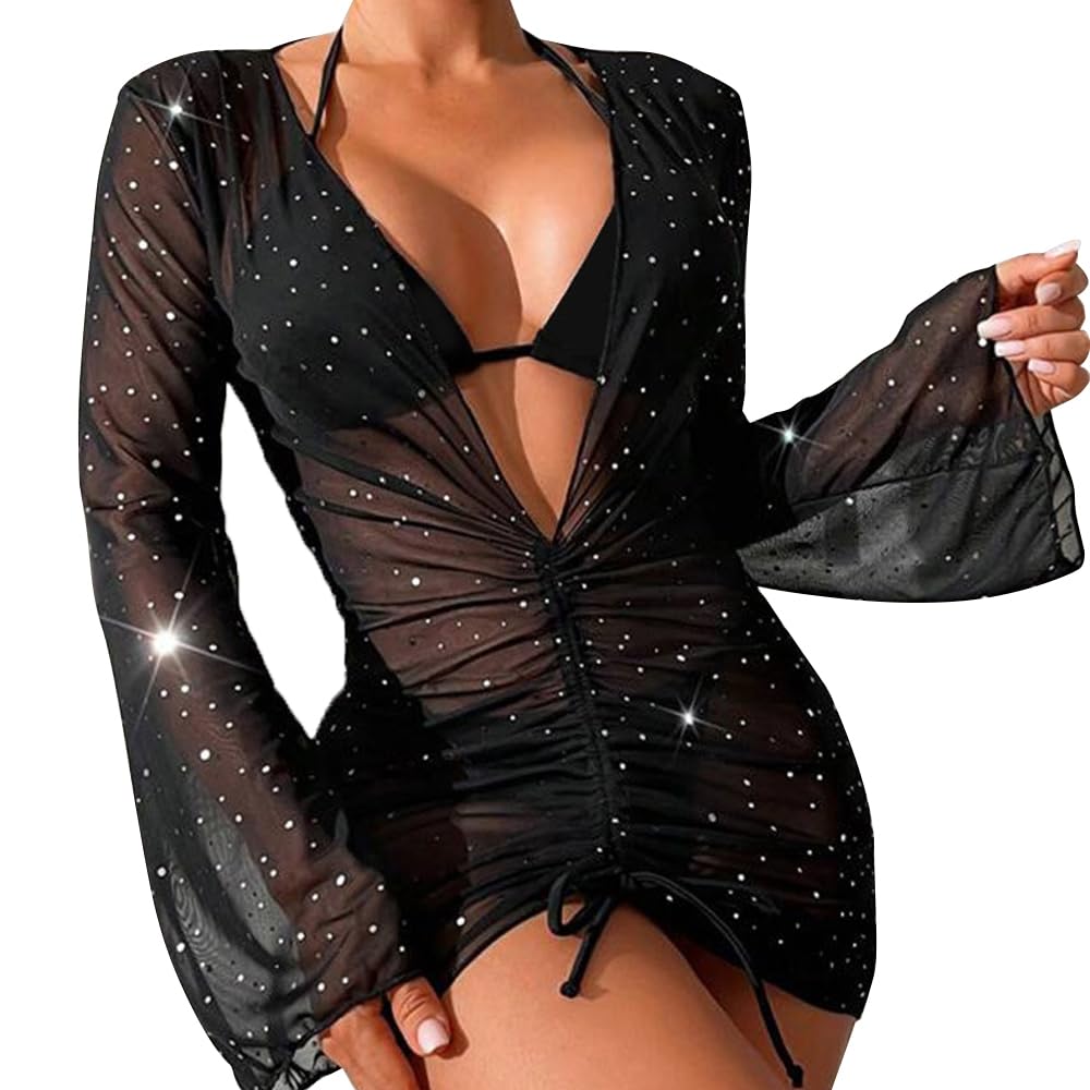 Copricostume Donna Mare Vestito da Spiaggia in Rete Trasparente Sexy Costumi da Bagno Lunghe Bikini Cover Up Nero Abito Mini Elegante Estate Copribikini