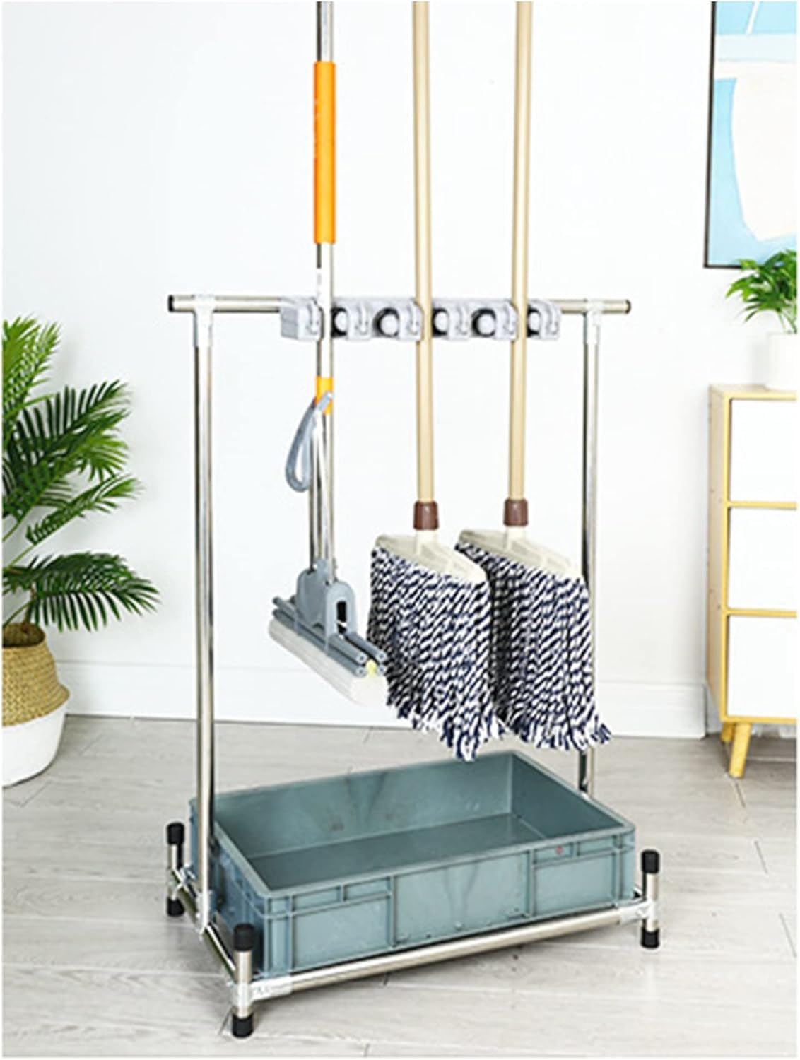 ASerZenith Movable Broom Mop Holder,Commercial Cleaning Tool Cart, Rack To Hang Brooms And Mops,Cleaning Supplies Organizer,Garden Tool Storage,For Garage,Schools,Hospitals,Factories(No Wheel-5Slots)