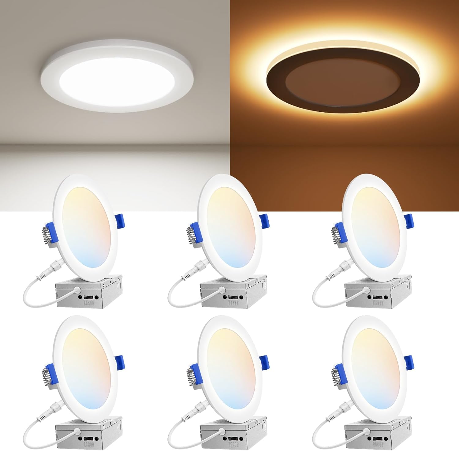 VOLISUN 6 Pack 6 Inch 5CCT Recessed Light with Night Light,Canless LED Recessed Lighting 6 inch,2700K-5000K Selectable,12W=130W,1080LM Dimmable Recessed Ceiling Wafer Lighs,ETL Certificated
