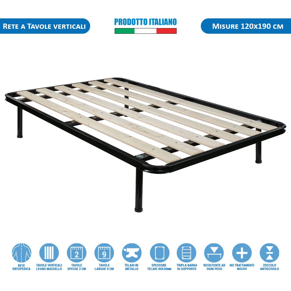 Comprarredo Rete in ferro ortopedica a doghe verticali misure 120 x 190 cm, robusta rete a tavole in legno massello con telaio in metallo, per materasso una piazza e mezza