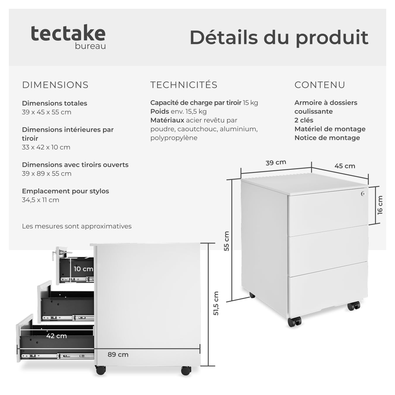 tectake® Caisson Bureau Meuble de Rangement Armoire de Bureau métallique Industriel 39x45x55 cm Verrouillable Meuble tiroir Rangement Bureau avec 3 Tiroirs pour Rangement Papier administratif