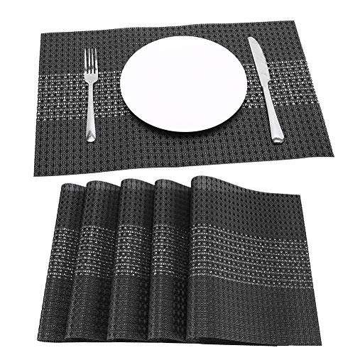 PLACEMAT FDGAUCA Mantel individual lavable, lavable, juego de 6 manteles individuales, de PVC, resistente al calor, adecuado para cocinas, mesas de comedor, hoteles, etc. (negro) Cover