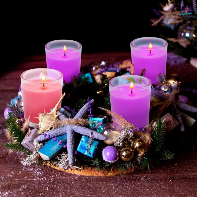 Image of Purple and Pink Christmas Advent Votive Candles in Glass, Unscented 15 Hour Soy Wax Love, Hope, Peace and Joy Candles for Christmas Wedding Table Home Spa Holidays Party, 4 Packs