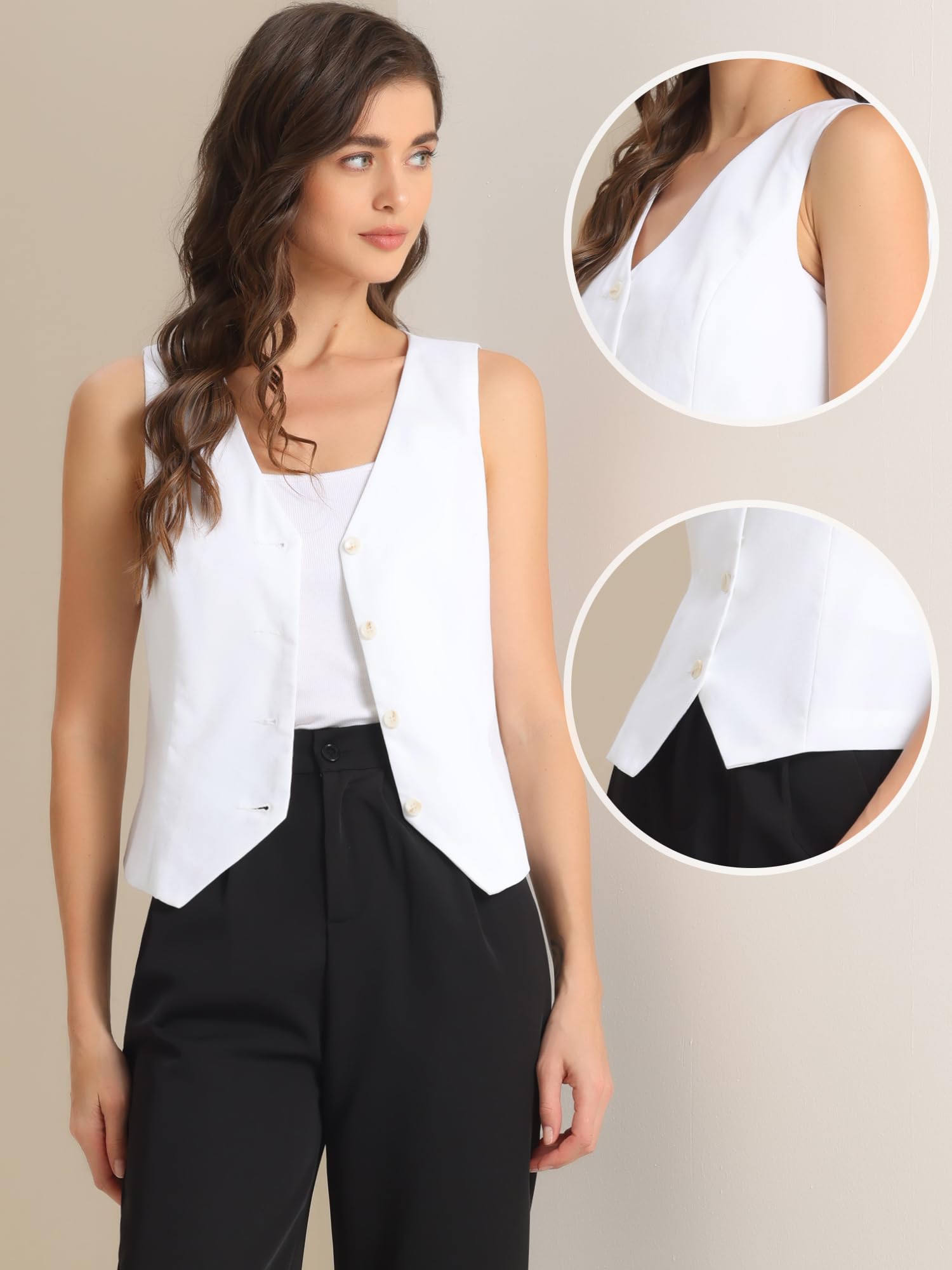 Allegra K Blazer sans Manches Femme Gilet Boutonné de Bureau Col en V Veste Courte Gilet de Costume Blazer d'affaire