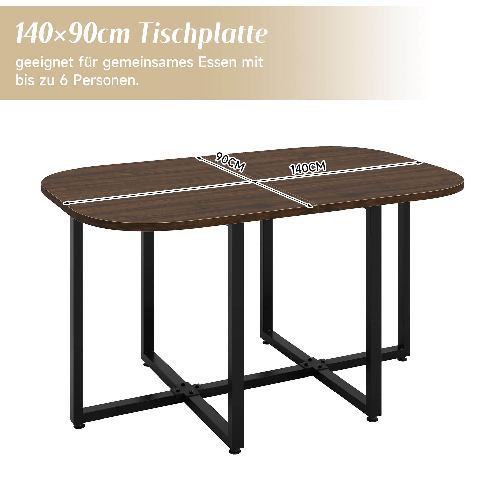 Essgruppe mit 6 Stühlen aus Leinen, Esstisch Set mit Tischplatte(140 x 90cm) aus Walnussholz, Dining Table Set mit rutschfeste Fußpolster, für Küchen und Esszimmer, Grau