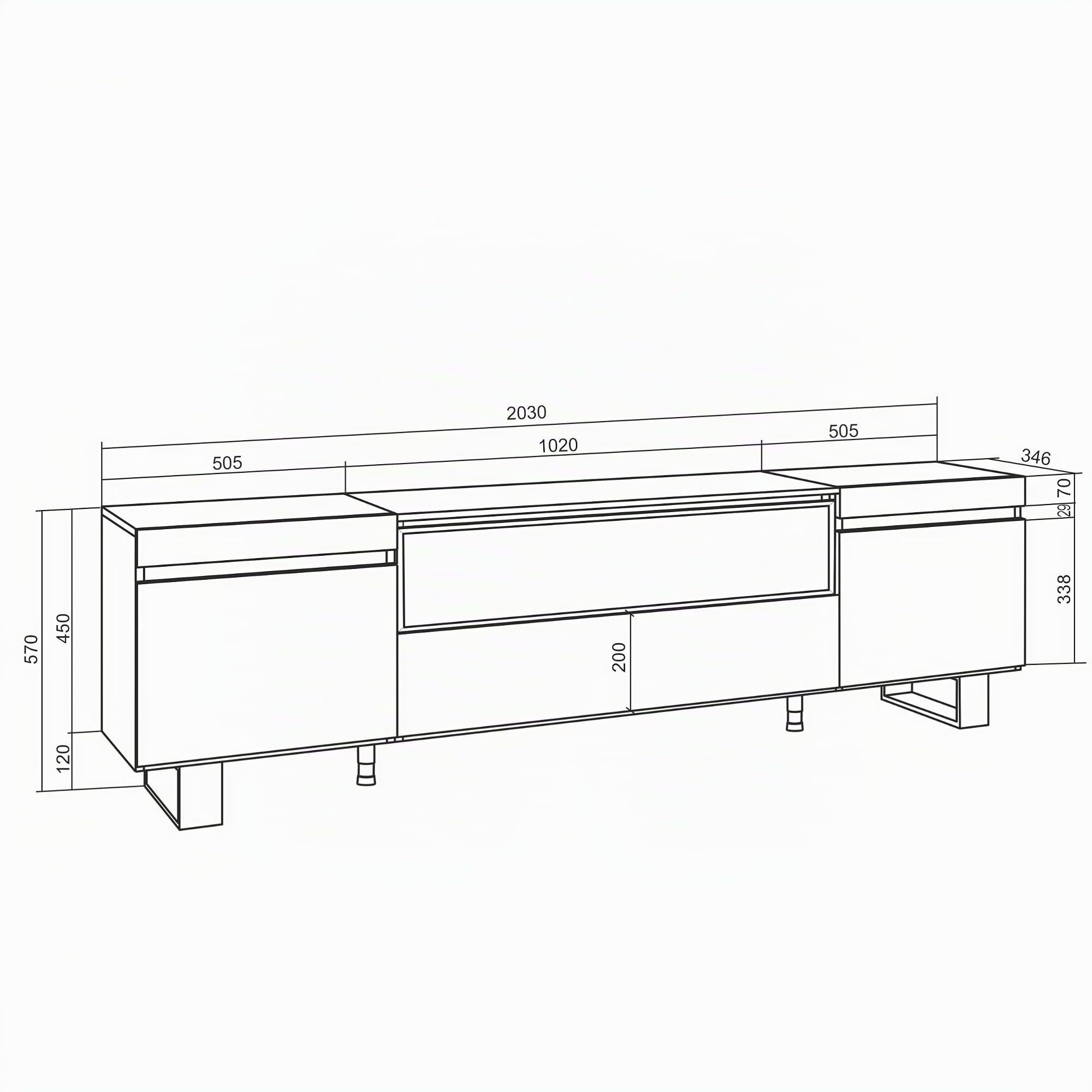 Skraut Home | Mueble TV | Televisión | Muebles de salón, almacenaje | 200x57x35cm | para TV hasta 80" | Chimenea eléctrica | Diseño Industrial | Estilo Moderno | Blanco y Negro