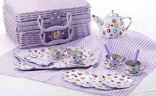 Miniatura 1 de Delton Products Juego de té de lata de 20 piezas en cesta, Polka, morado